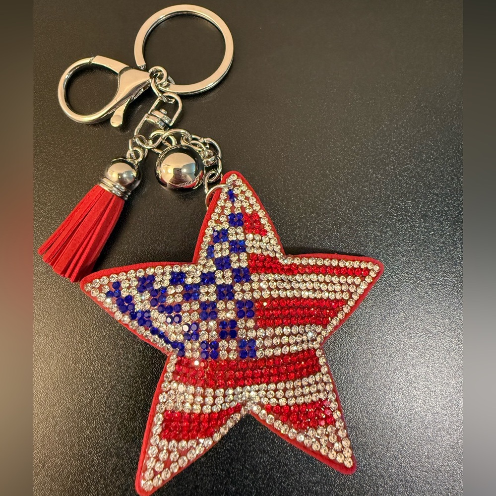 Rhinestone Heart and Flag Purse Charm Keychain - NWT (Pick One) - Picture 4 of 7